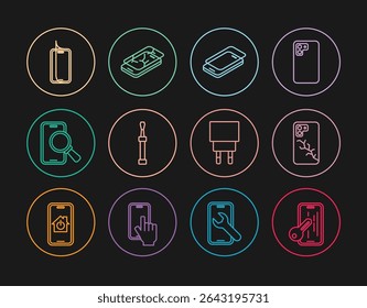Definir linha Protetor de tela de vidro, Móvel com quebrado, Chave de fenda, Serviço de reparo do telefone, Carregador e ícone. Vetor