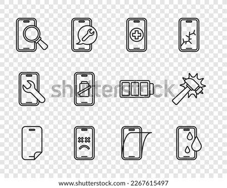 Set line Glass screen protector, Waterproof phone, Phone repair service, Dead mobile, Smartphone battery charge,  and Hammer icon. Vector