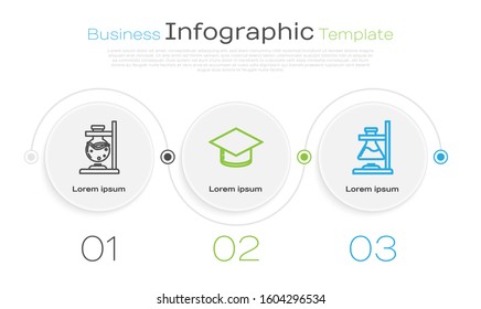 Set line Glass test tube flask on fire, Graduation cap and Glass test tube flask on fire. Business infographic template. Vector