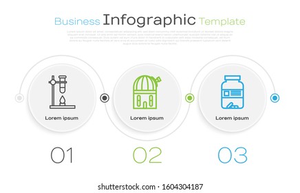 Set line Glass test tube flask on fire heater, Astronomical observatory and Medicine bottle and pills. Business infographic template. Vector