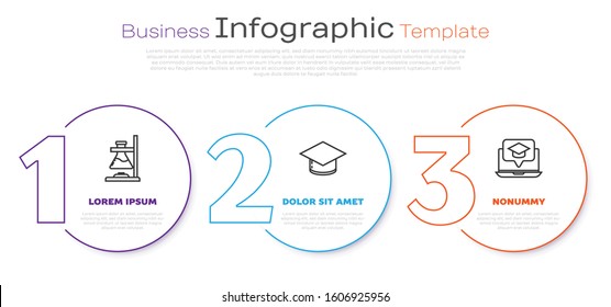 Set line Glass test tube flask on fire, Graduation cap and Graduation cap on screen laptop. Business infographic template. Vector