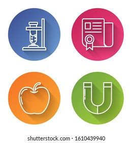 Set line Glass test tube flask on fire, Certificate template, Apple and Magnet. Color circle button. Vector
