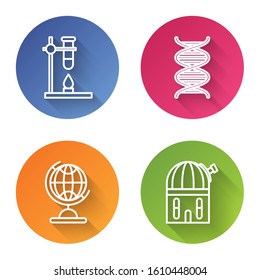 Set line Glass test tube flask on fire heater, DNA symbol, Earth globe and Astronomical observatory. Color circle button. Vector