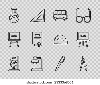 Set line Glass test tube flask on fire, Drawing compass, School Bus, Table lamp, Test and chemical laboratory, Certificate template, Pen and Chalkboard icon. Vector
