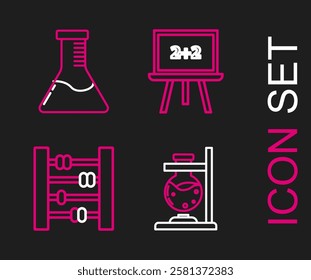 Set line Glass test tube flask on fire, Abacus, Chalkboard and Test and chemical laboratory icon. Vector