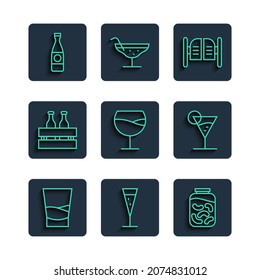 Set line Glass of vodka, champagne, Pickled cucumbers in jar, Saloon door, Wine glass, Pack beer bottles, Beer and Martini icon. Vector