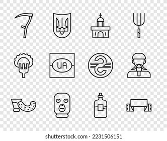 Set line Glass with vodka, Embroidered towel, Church building, Thief mask, Scythe, Flag of Ukraine, Bottle and Ukrainian cossack icon. Vector