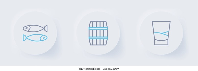 Set line Glass of vodka, Wooden barrel and Dried fish icon. Vector