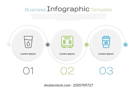 Fije la línea de vidrio con agua, básculas de baño y taza de café para llevar. Plantilla de infografía de negocios. Vector