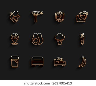 Set line Glass with water, Big bed, Vitamin pill, Time to sleep, Banana, Avocado fruit, Carrot and Broccoli icon. Vector