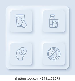 Set line Glass with water, Bottle of glass, Water drop and forbidden. White square button. Vector