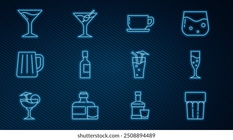 Set line Glass with water, of champagne, Coffee cup, Champagne bottle, Wooden beer mug, Martini glass, Cocktail and  icon. Vector