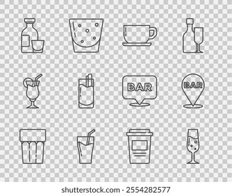 Set line Glass with water, of champagne, Coffee cup, juice, Alcohol drink Rum, Cocktail Bloody Mary, to go and bar location icon. Vector