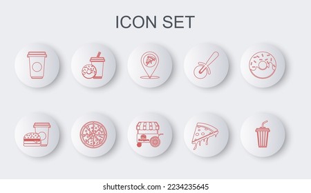 Set line Glass with water, Coffee and burger, Location slice pizza, Slice, cup, Soda drink donut, Pizza and Fast street food cart icon. Vector