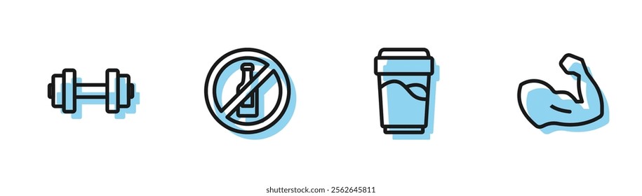 Set line Glass with water, Dumbbell, No alcohol and Bodybuilder muscle icon. Vector