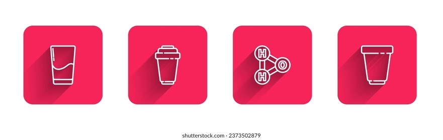 Fijar la línea Vidrio con agua, Cartucho filtrante de agua, Fórmula química para H2O y con sombra larga. Botón cuadrado rojo. Vector
