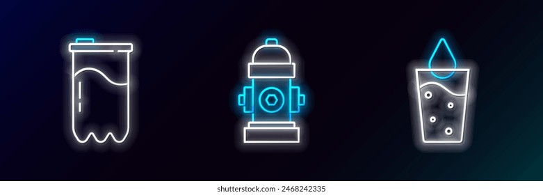 Set line Glass with water, Water filter cartridge and Fire hydrant icon. Glowing neon. Vector