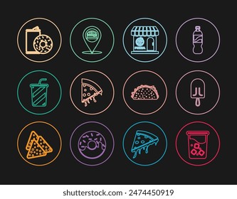 Vidrio con agua, helado, fachada de construcción de la pizzería, rebanada de pizza, lata de aluminio soda y donut, tortilla de tacos e ícono de hamburguesa de Locación. Vector