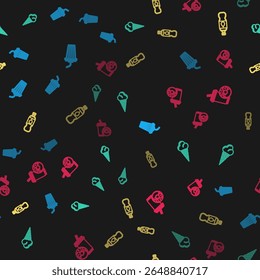 Set line Glass with water, Ice cream in waffle cone, Bottle of and Soda drink donut on seamless pattern. Vector
