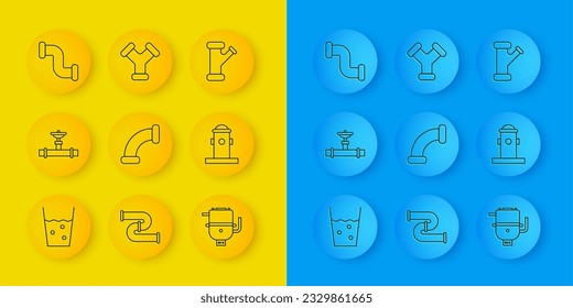 Set line Glass with water, Industry pipe and valve, metallic, Electric boiler for heating, Fire hydrant,  and  icon. Vector