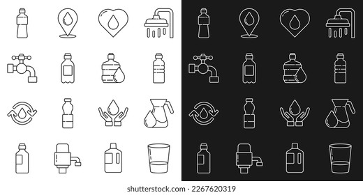 Línea Glass con agua, Jug glass, Bottle of, Heart drop, Water tap, y Big Bottle Clean icon. Vector