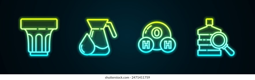 Set line Glass with water, Jug glass, Chemical formula for H2O and Big bottle clean. Glowing neon icon. Vector
