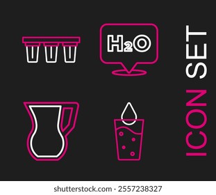 Set line Glass with water, Jug glass, Chemical formula for H2O and Water filter icon. Vector