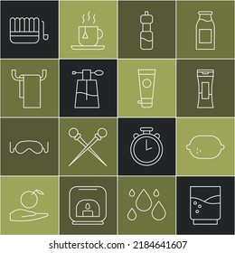 Set line Glass with water, Lemon, Bottle of shampoo, Perfume, Towel hanger, Sauna bucket and ladle and Cream or lotion cosmetic tube icon. Vector