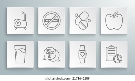 Set line Glass with water, No Smoking, Sleepy, Smart watch, Sport training program, Vitamin pill, Apple and Stationary icon. Vector