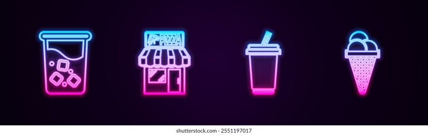 Set line Glass with water, Pizzeria building facade,  and Ice cream waffle cone. Glowing neon icon. Vector