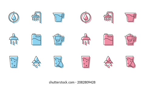 Set line Glass with water, Recycle clean aqua, Big bottle, Water jug filter, Shower and  icon. Vector