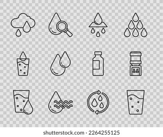 Set line Glass with water, Recycle clean aqua, Cloud rain, Water drop,  and cooler icon. Vector