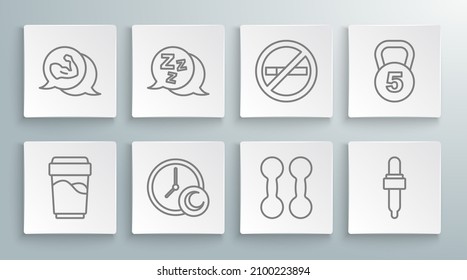 Set line Glass with water, Sleepy, Time to sleep, Dumbbell, Pipette oil, No Smoking, Weight and Bodybuilder muscle icon. Vector