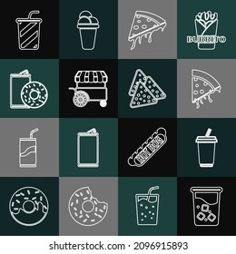 Set line Glass with water, Slice of pizza, Fast street food cart, Aluminum can soda and donut,  and Nachos icon. Vector