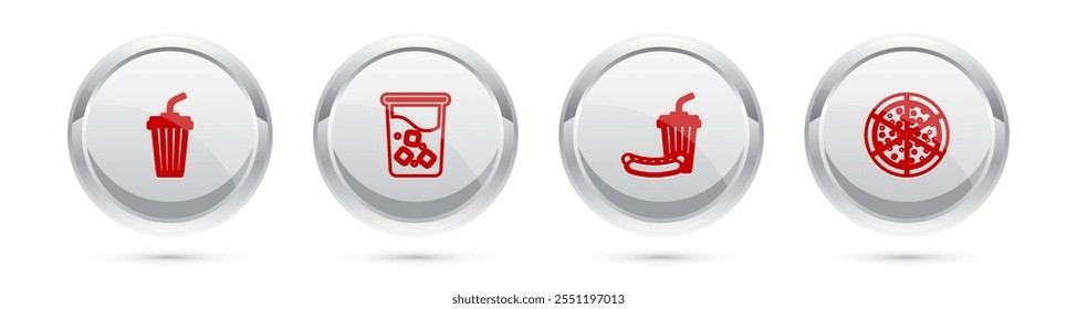 Set line Glass with water, , Soda and hotdog and Pizza. Silver circle button. Vector