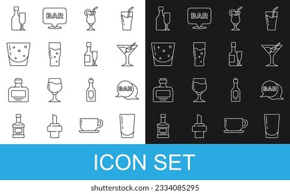 Set line Glass with water, Street signboard Bar, Martini glass, Cocktail, of beer, rum, Wine bottle and Champagne and icon. Vector