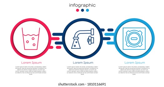 Set line Glass with water, Water tap and Manhole sewer cover. Business infographic template. Vector