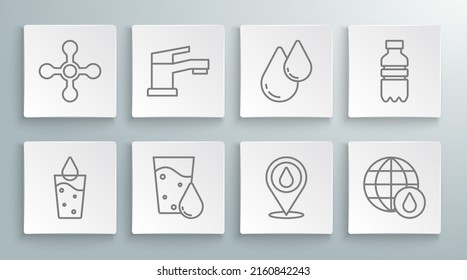Set line Glass with water, Water tap, drop location, Earth planet in, Bottle of and  icon. Vector