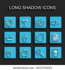 Set line Glass with water, Television tv, Camera shutter, Key, Passport, Speaker, Clipboard resume and Coffee cup icon. Vector