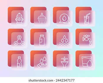 Set line Glass with water, Washing hands soap, Water drop, Fountain, Bottle of, speech bubbles, Fire hydrant and Shower icon. Vector