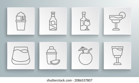 Set line Glass of whiskey, Beer bottle, Cocktail shaker with lime, Coconut cocktail, Wine glass,  and beer icon. Vector