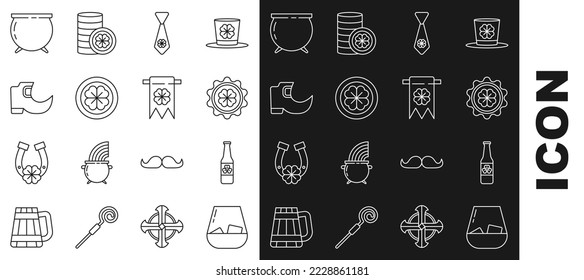 Set line Glass of whiskey, Beer bottle with four leaf clover, Bottle cap, Tie, Gold coin, Tradition leprechaun boots, Witch cauldron and Four and party pennant icon. Vector