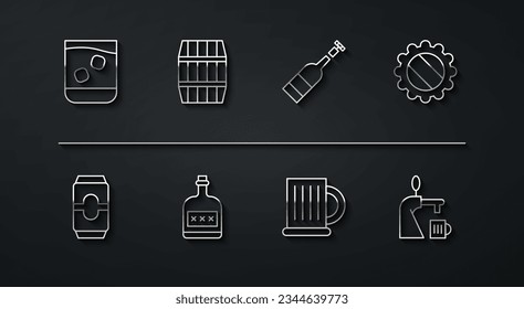 Set line Glass of whiskey, Beer can, Bottle cap, Wooden beer mug, Alcohol drink Rum bottle, barrel, tap with glass and Opened wine icon. Vector