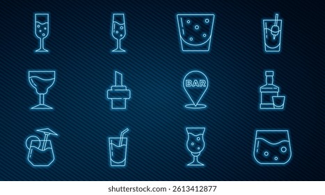 Set line Glass of whiskey, Whiskey bottle and glass, rum, Wooden cork for wine, Wine, champagne, Alcohol bar location and  icon. Vector