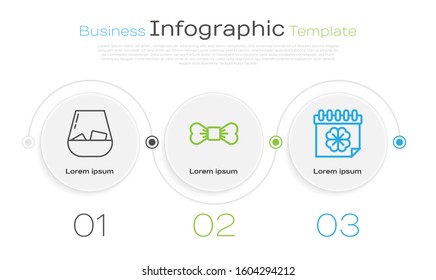 Set line Glass of whiskey, Bow tie and Saint Patricks day with calendar. Business infographic template. Vector