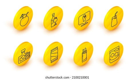 Set line Glass of whiskey, Cocktail Bloody Mary, Beer can, Whiskey bottle and glass, Alcohol or beer bar location, Wine with and Coconut cocktail icon. Vector