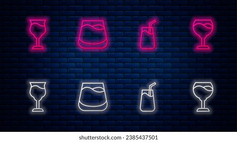 Set line Glass of whiskey, Cocktail, Wine glass and . Glowing neon icon on brick wall. Vector