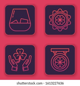 Set line Glass of whiskey, Human hands holding four leaf clover, Bottle cap with four leaf clover and Street signboard with four leaf clover. Blue square button. Vector
