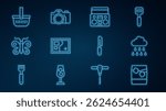 Set line Glass of whiskey with ice, Cloud rain, Home stereo two speakers, Folded map, Butterfly, Picnic basket, Knife and Photo camera icon. Vector