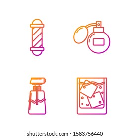Set line Glass of whiskey and ice cubes, Cream or lotion cosmetic tube, Classic Barber shop pole and Aftershave. Gradient color icons. Vector
